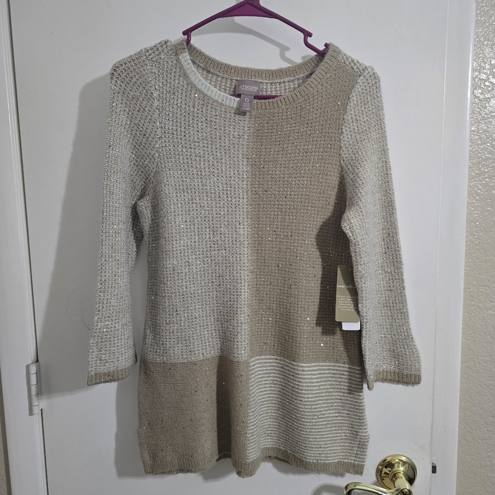 Chico's Gray and Gold Sequin Sweater